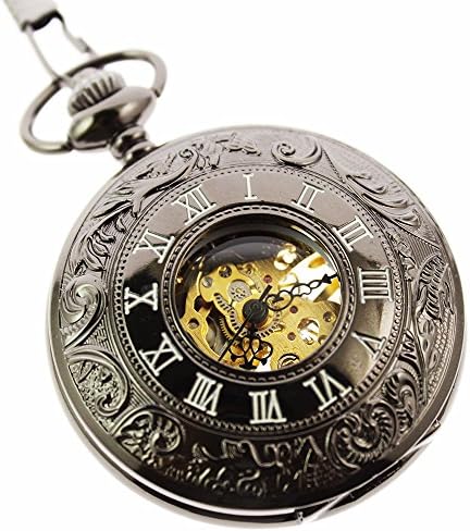 Itemstoday Vintage Black Mens Mechanical Pocket Watch with Roman Case and White Face Half Hunter Style