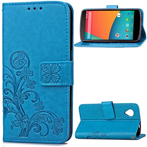 SATURCASE Case for Nexus 5, Lucky Clover PU Leather Flip Magnet Wallet Stand Card Slots Cover for Google LG Nexus 5 Blue