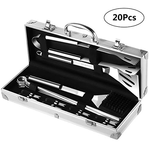 spécification YOUNGDO Ustensiles de Barbecue 20PCS, Ustensile pour Barbecue en Acier Inoxydable, Outils Barbecue dans Boîte de Rangement en Aluminium, Ensemble Barbecue pour Camping/Extérieur/Cadeau Noël