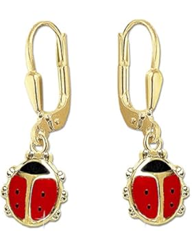 CLEVER SCHMUCK Goldene Ohrhänger 22 mm Marienkäfer 8 mm rot schwarz glänzend 333 GOLD 8 KARAT