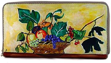 Hand-painted leather woman wallet - BASKET OF FRUIT BY CARAVAGGIO - Women's wallets, Made in Italy, Painted Leather, Zipper closure, Portfolio with credit card holder, Craftsmanship