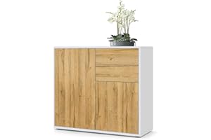‎VLADON Vladon Sideboard Ben, Made in Germany, Kommode mit 2 Türen und 2 Schubladen, Weiß matt/Eiche Natur (79 x 74 x 36 cm)