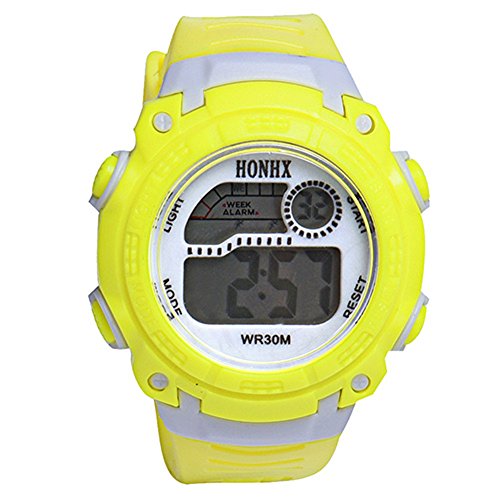 honhx Kinder Silikon Wasserdicht Woche Alarm Stoppuhr Nachtlicht Sport Digital Armbanduhr – Gelb