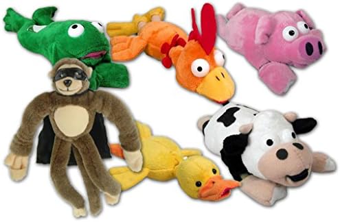 Flingshot Slingshot Stuffed Animal Toys - Flying Brown Monkey, Yellow Duck, Super Frog, Orange Chicken, Pink Pig, Black &amp; White Cow - Bundle Pack