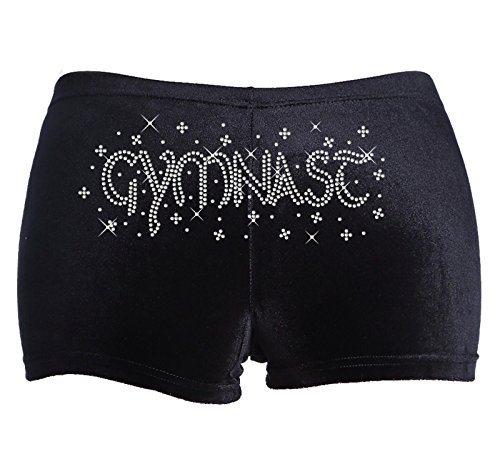 CrystalsRus Varsany Grande 12-14 años Transparente Negro Gimnasta Diamante Dance Pantalón Corto Leotard Estiramiento Terciopelo Ballet