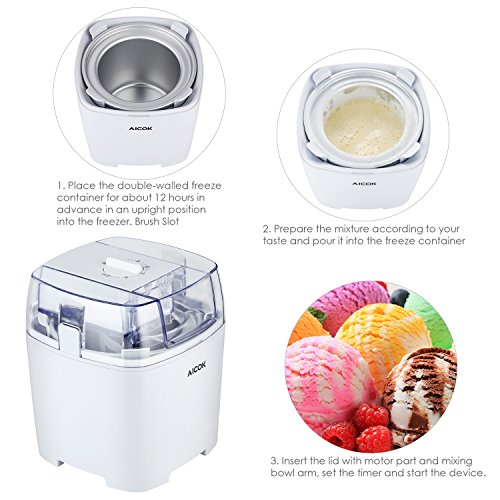 Aicok Eismaschine Eiscrememaschine, Joghurt Maschine und Sorbet Frieren Maschine, 3 in 1 Speiseeisbereiter , Softeismaschine für zu Hause, 1.5L Volumen mit Timer Funktion von 6 wählbare Zeiten, Eismaschine, Weiß - 3