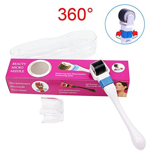 EZGO Derma Roller 0.5mm - Advanced Skin System Micro needle 360 degree Rotation for Stretch Marks, Eyes, Face, Cellulite, Acne, Body, Hair Loss, Scar Removal and Beauty Enhancement,600 Tiny Micro-needle Disc Technology and Replaceable Heads, the Free Head for Travel Use, Best for Younger Beautiful Looking Skin