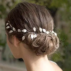 Shegirl Bridal Leaf Hair Vine Delicate Handmade Leaves Hair Chain Silver Wedding Hair Accessories Jewelry for Bride and Women (Silver)