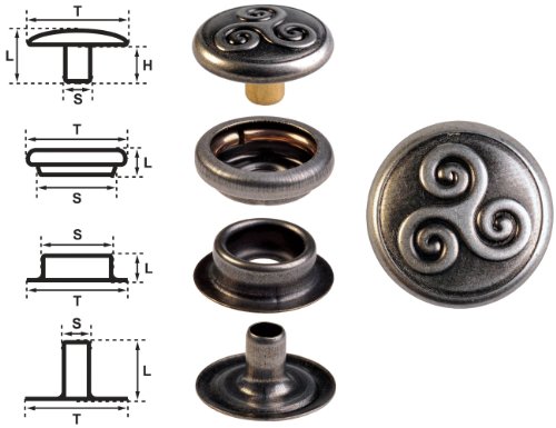 15 Ringfeder-Druckknöpfe "F3" Keltische Triskele 14mm aus Messing (nickelfrei), Finish: nickel-antik, Verschlusskraft: leicht