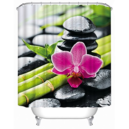 fourHeart Natürliche Landschaft Badvorhang "STONES, BLUME und BAMBOO" Duschvorhang 180 x 180cm mit 12 Vorhangringe
