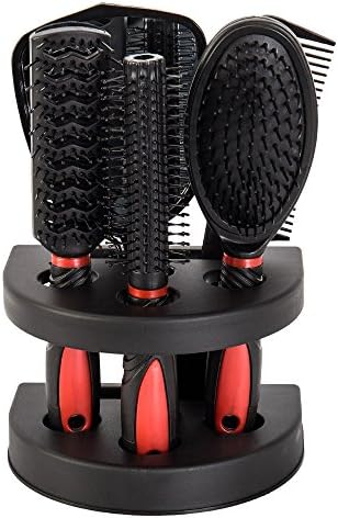 5 Piece Salon Styler Hair Comb Brush And Mirror Set Vent Brush, Paddle Brush, Curling Brush, Comb, Mirror and Stand Set (Red)