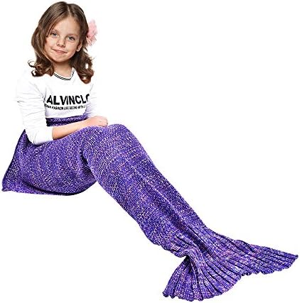 Handmade Mermaid Tail Blanket, Ecrazybaby888 All Seasons Warm Knitted Bed Blanket Sofa Quilt Living Room Sleeping Bag for Kids, Classic Pattern, 55.1" x 27.6", (140 x 70cm, Violet)
