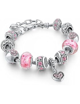 Versilbert Sweet Pink Kristall Perlen Murano Glas Herz-Anhänger Charm Armband für Frauen Mädchen Schmuckset Geschenk...