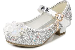Eleasica Fille Cristal Fleur Chaussures de Princesse Reine des Neiges Elsa Anna Talons Plats Paillettes Déguisement Argenté Bleu Rose Doux Halloween Noël Anniversaire Carnaval Cosplay