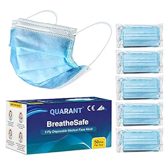 QUARANT 3 Ply Disposable Surgical Face Mask, UV Sterilized, ISI, BIS, CE & ISO Certified, ASTM Level 3, Meltblown Layer Fabric Masks with Adjustable Nose Pin (Blue, Without Valve, Pack of 50) for Unisex