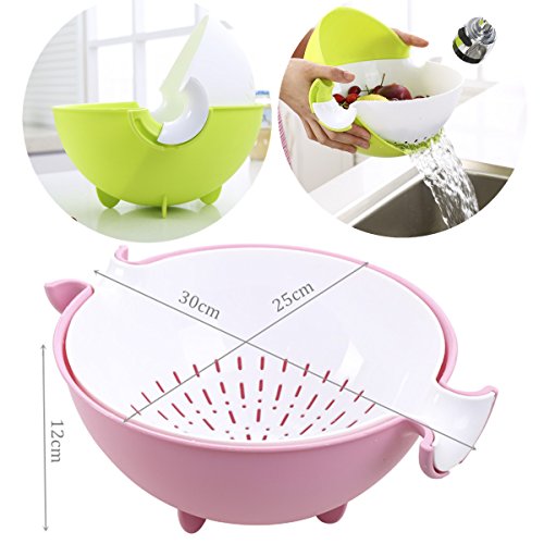 EJBOTH Doppelt Schicht Seiher Drainierender Kunststoff, [2pcs ablässt Korb + 1pc Schäler] Multifunktionales Waschen Schüssel Household Drain Basket Strainer Sieb Hohl Ausführung Colander Becken Für Waschen Obst & Gemüse [Rosa] - 2