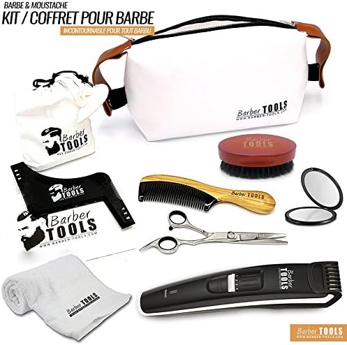 ✮ BARBER TOOLS ✮ Kit / Set / Beard Care and Care Set Beard Brush + Buffalo Horn and Sandalwood Comb + Beard Scissors + Beard Stencil Comb + Beard Bib + Beard Trimmer + Mirror Pocket + Beard towel + Large storage bag with zipper. The perfect gift for bearded men ..