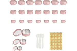 FIGFYOU 24 Stk Cremedosen Aluminium Leer Döschen Lippenbalsam Kosmetikdöschen Kleine Döschen mit Deckel Rund Salbendöschen mit Etiketten und Schaber für Creme Masken Nagelkunst (Roségold 5/10/15ml)