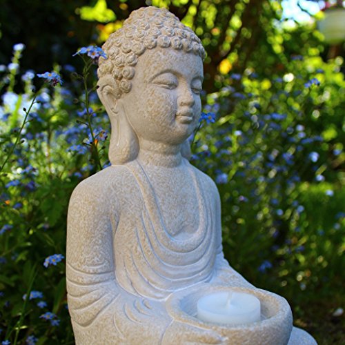 Buddha Deko-Figur Aus Stein Sitzend 30cm Skulptur Mit Teelichthalter Für Wohnzimmer Oder Garten - 3