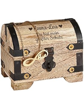 Edelstahl Kette mit Anhänger „Love“ und heller Schatztruhe im Set – Personalisiert mit [Namen] – Gold – Schmuckset...