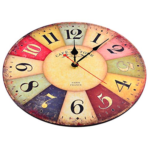Finer Shop 12-Zoll-arabischen Ziffern Design Vintage Colorful Frankreich Paris Französisch Land toskanischen Stil Stille Wooden Wall Clock Wanduhr - 2
