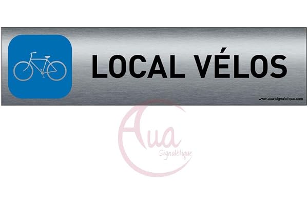 AUA SIGNALETIQUE - Plaque de porte Aluminium brossé imprimé AluSign - 200x50 mm - Double Face adhésif au dos - Impression UV directement sur l'aluminium (Pas de contre collage) (Local vélos)
