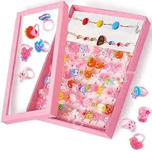 AizelX Little Girl Cute Lovely Rings and Bracelets Girl Pretend Play and Dress Up Rings for Party Rings Set Cartoon Cute Kids Accessory Gift for Children Plastic Toy (Pack of 30+2)