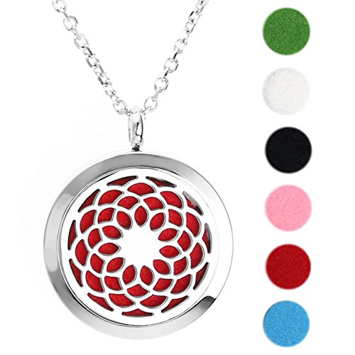 JOVIVI Edelstahl Rund Aromatherapie Ätherische Öle Diffusor Halskette Hollow Hohl Blume Floating Medaillon Locket Anhänger - 2