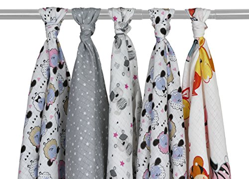 Mullwindel/Spucktücher/Stoffwindeln, 5er Pack, bunt, 80x80 cm, 100% Baumwolle, doppelt gewebt, schadstofffrei zertifiziert