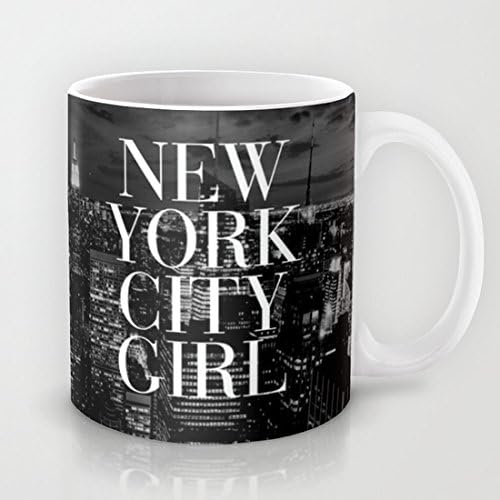 New York City Girl Black White Skyline Vogue Typography Ceramic Teacup Coffee Mug, 11 oz. Unique Christmas Present for Men &amp; Women, Him or Her