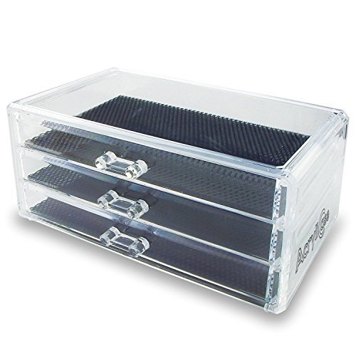 AcryliCase Acrylic Jewelry Organizer, Arranges Makeup And Accessories, 3 Drawers Cosmetic Storage Display Box 9 3/8 x 5 3/8 x 4 3/8 Clear