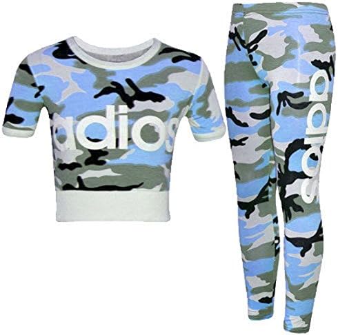 Girls Kids Adios Camouflage Print Army Crop Top &amp; Bottoms Leggings Tracksuit Suit Age 2-13 Years (7-8 Years, Blue)