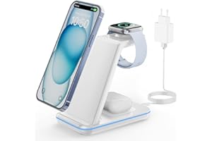 GEEKERA Estacion de Carga para Apple, Cargador Inalambrico 3 en 1 para iPhone 16/15/14/13/12/11/Pro MAX, Base Cargador para Apple Watch 10/9/8/7/6/5/4/3/2, Carregador sem fios para AirPods 4~2-Blanco