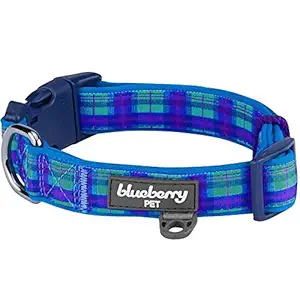 Blueberry Pet 7 Patterns Soft & Comfy Scottish Hudson Blue Plaid Tartan Style Designer Padded Dog Collar, Large, Neck 18