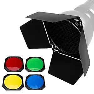 Godox BD-04 Barn Door and Honeycomb Grid and 4 Color Gel Filters (Red Yellow Blue Green) for Standard Reflector