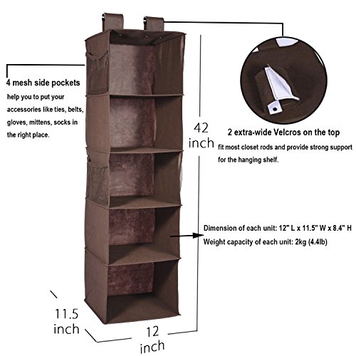 Maidmax Hänge-Aufbewahrung, 5 breite Fäher Plus 4 Seitentaschen, Heavy-Duty für Kleiderschrank Wäschesortierer, Vlies-Gewebe, faltbar – Braun(30cm x 30cm x 106cm) - 5