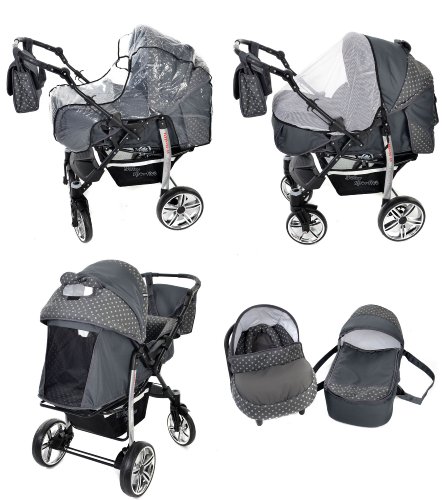 Baby Sportive X2, 3 in 1 Kombikinderwagen set – incl. Kinderwagen mit Zubehör, Babyschale und Sportwagen Aufsatz. System mit Schwenkräder. Reisesystem Farbe: Grau und Punktmuster - 7