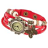 Taffstyle Damen Armbanduhr aus geflochtenem Leder mit Charms Anhänger Schmetterling - Rot