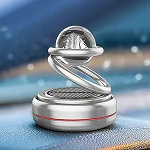 BKN Metal Car Double Loop Floating Solar Fragrance Aromatherapy Rotating Double Ring with Designer Glass Ball For Creative Car Decoration, Desktop Furnishing Ornaments Model Gift (Silver)