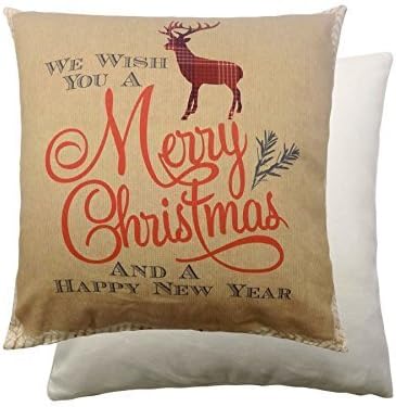 FILLED VINTAGE CHRISTMAS WORDS REINDEER STAG RED 100% COTTON CUSHION 17"