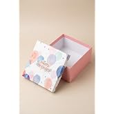 Doğum G&uuml;n&uuml; Temalı Hediye Kutusu, Premium Karton Hediye Kutusu, 26x26x13 cm | Happy Birthday Baskılı, Balonlu Tasarım, Kapaklı