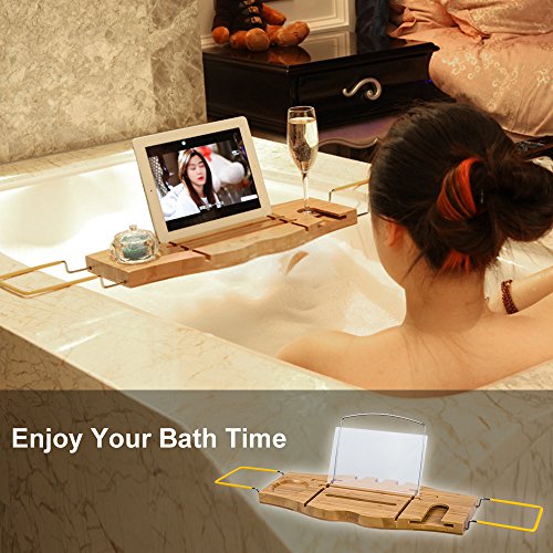 TOP-MAX badewannenablage ausziehbar Bambus Ablage Badewanne Rack Badewannenbrücke Bad Caddie mit buchstütze für Lesung Buch IPad Pro Glashalter für Wein oder Sekt Weihnachtsgeschenk - 2