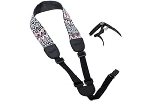 Rayzm Correa para Ukelele y Cejilla de Zinc para Ukelele, con Cabestrillo Ajustable y Suave de Algodón para Ukelele, sin Botones y con Forma de Lazo, no se Necesita Realizar Perforaciones