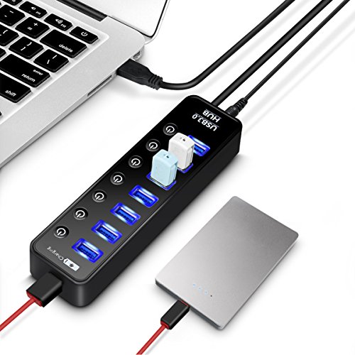 7 Port USB 3.0 Hub, ELEGIANT High Speed Switch USB 3.0 Datenhub 7 Port Hub Adapter Verteiler Datenübertragung Power mit 7 Schalter 5Gbps Data Transfer Ports Splitter AC Power Adapter with On/Off Switches für Win7/8/10 PC Mac Macbook Laptop Notebook Windows MAC iPhone, iPad, Samsung, Motorola, HTC und andere USB 3.0 kompatiblen Geräten (ohne Netzteil) - 2