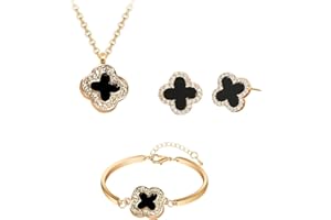 Hanaoops Jewellery Set for Women Cubic Zirconia Four-Leaf Clover Pendant Necklace Stud Earrings Bracelet Sets Adjustable Wedding Jewellery for Bride