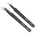 Eyelash Extension Tweezer Set - FEITA Professional Straight & Curved Pointed Very Fine Tip Precision Tweezers for Lash Extensions - Black - 2Pcs