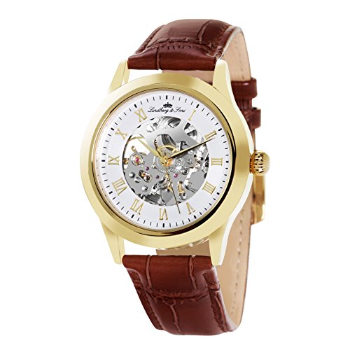 Lindberg & Sons Herren-Armbanduhr Automatik Analog Skelettuhr Leder Braun - CHP198