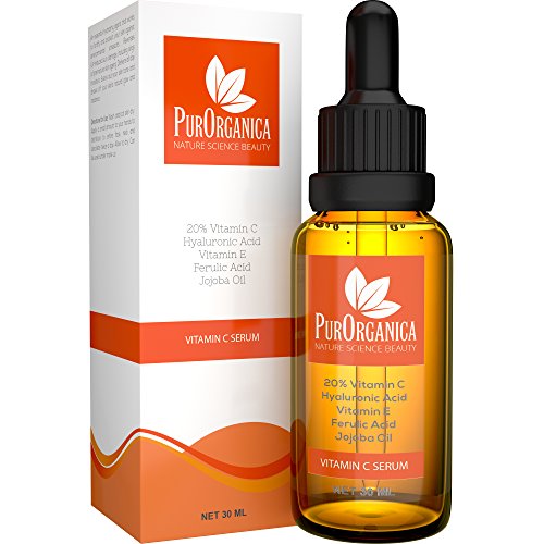 PurOrganica VITAMIN C SERUM - Premium Organic 20% Vitamin C with Hyaluronic Acid - Top Anti Wrinkle, Anti Ageing Face, Eye and Neck Serum - Professional Grade 30ML bottle - Works or Your Money Back