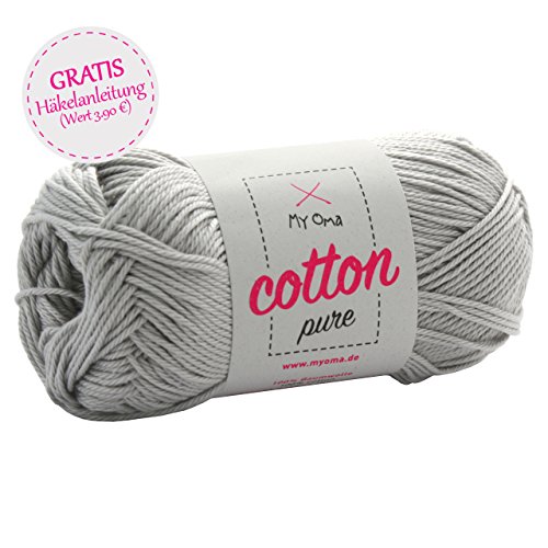 graues Baumwolle Garn *MyOma Cotton pure grau (Fb 0231)* Baumwolle zum Stricken und Häkeln + GRATIS Anleitung – 1 Knäuel Baumwolle grau/ graues Baumwollgarn 50g/125m – Nadelstärke 2,5-3,5mm