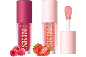 HOPHAT 2 Pack Big Brush Head Lip Gloss Hydrating Lip Glow Oil Clear Fruit Flavoured Plumping Lip Tint for Dry Lip Long Lasting Moisturizing Non-sticky Fresh Texture Lip Gloss (Raspberry+Strawberry)